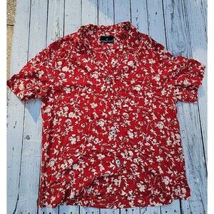 Carole Little Womens Red White Floral Short Sleeve Button Front Shirt Blouse